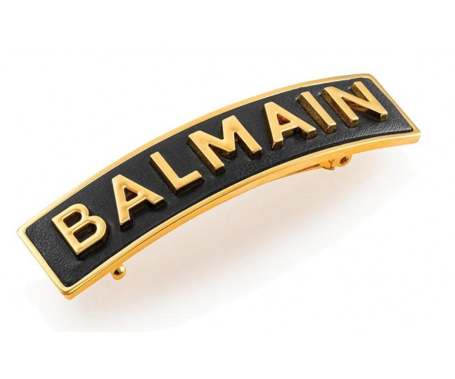 Заколка-автомат кожаная черная с золотыми буквами BALMAIN размер M Limited Edition Barrette Pour Cheveux M Gold FW20